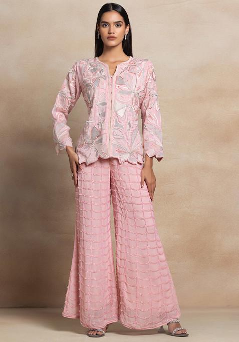 Powder Pink Sharara Set With Floral Pearl Thread Embroidered Short Jacket