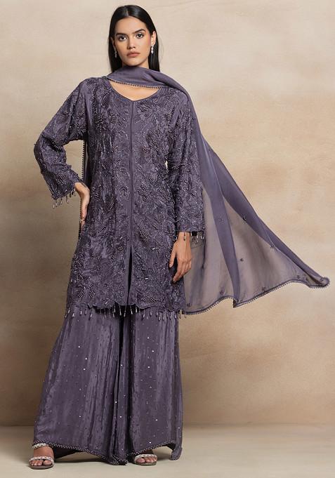 Dark Grey Sequin Embroidered Sharara Set With Pearl Hand Embellished Kurta And Dupatta