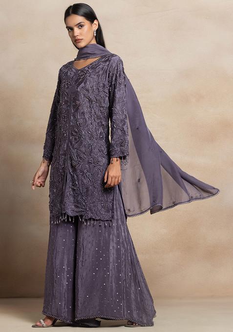 Buy Women Dark Grey Sequin Embroidered Sharara Set With Pearl Hand ...