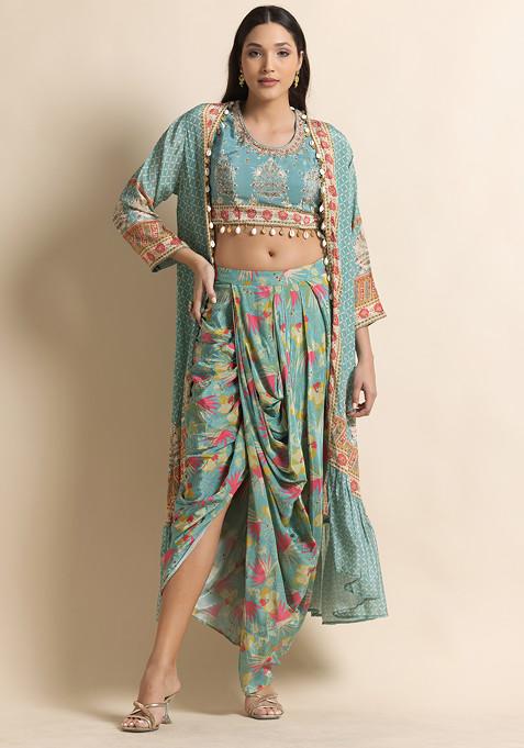 Sage Green Paisley Print Draped Skirt Set With Mirror Embellished Blouse And Jacket