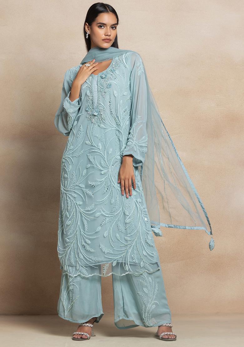 RFSS1222 - Muslin Suit in Sage Green with Peplum Kurta top, Sharara and Dupatta. main image 1