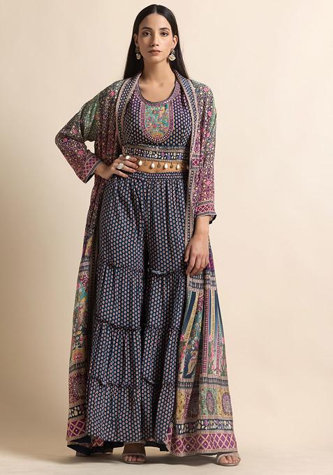 Blue Multicolour Printed Sharara Set With Mirror Embellished Blouse And Jacket