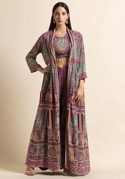 Purple Multicolour Printed Sharara Set With Mirror Embellished Blouse And Jacket