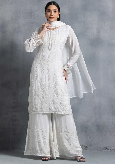 White Sequin Embellished Sharara Set With Pearl Embellished Kurta And Dupatta