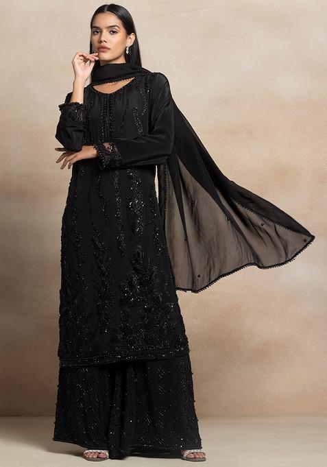 Black Sequin Embellished Sharara Set With Pearl Embellished Kurta And Dupatta