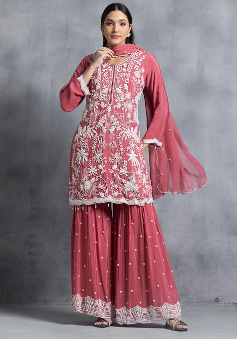 Pink Embellished Sharara Set With Pearl Embellished Kurta And Dupatta