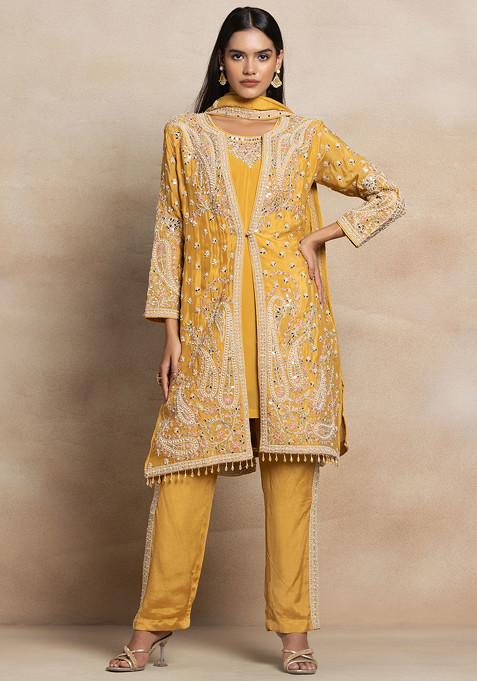 Yellow Zari Mirror Embellished Kurta And Pants Set With Embellished Jacket And Dupatta