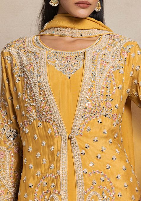 Gota Embellished Kurta Pants Set with Zari Weaving