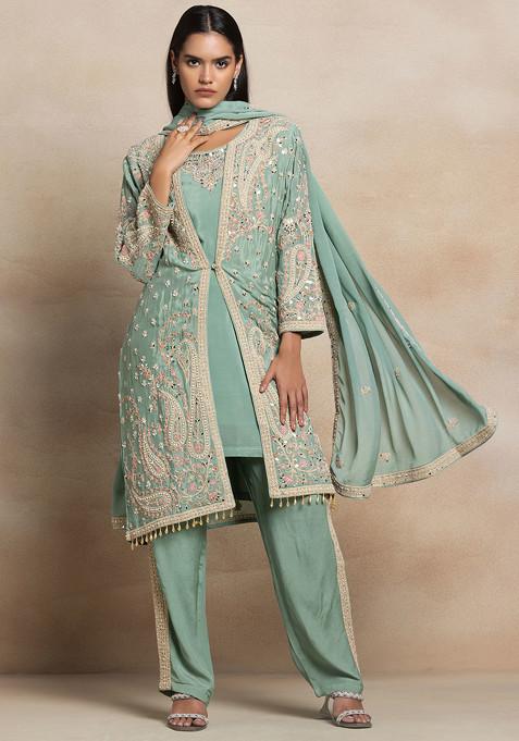Sage Green Zari Mirror Embellished Kurta And Pants Set With Embellished Jacket And Dupatta