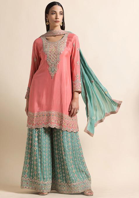 Peach Zari Thread Embellished Kurta Set With Contrast Embellished Sharara And Dupatta