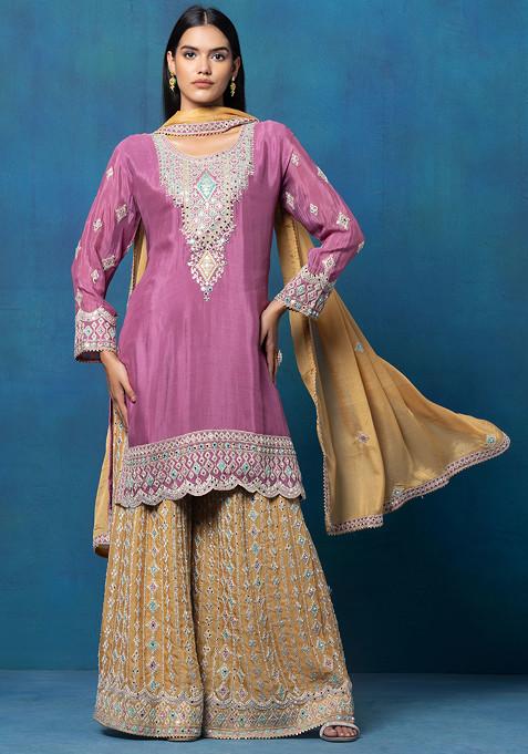 Purple Zari Thread Embellished Kurta Set With Contrast Embellished Sharara And Dupatta
