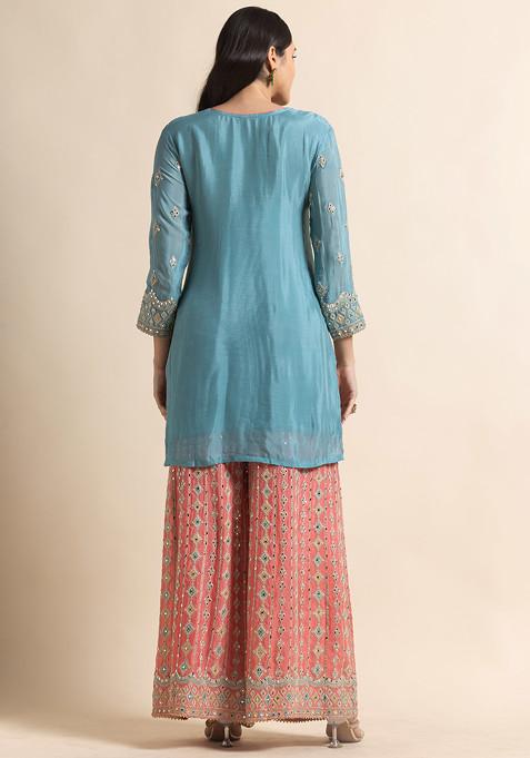 Buy Women Teal Zari Thread Embellished Kurta Set With Contrast ...