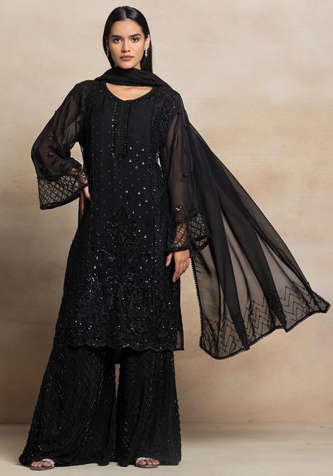 Black Embellished Sharara Set With Sequin Pearl Embellished Kurta And Dupatta
