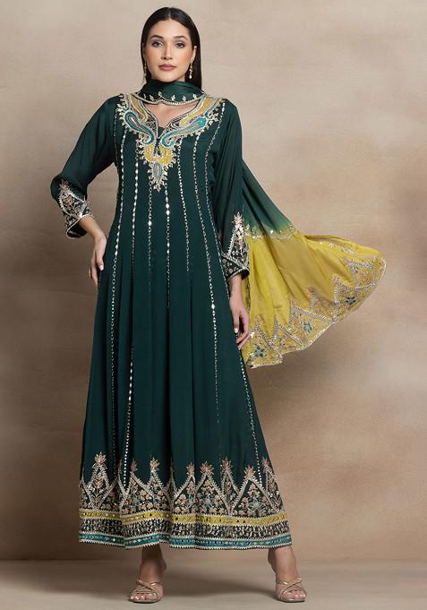 Forest Green Mirror And Gota Patti Embellished Anarkali With Dupatta