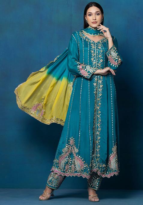 Turquoise Gota Patti Embroidered Front Slit Anarkali Kurta Set With Pants And Dupatta