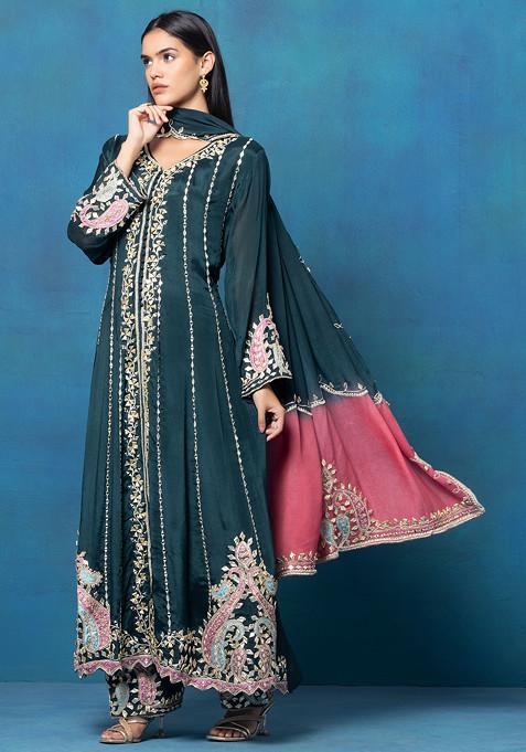 Trouwkleding Indiase Pakistaanse designer sharara palazzo shalwar kameez dupatta suits, Blauwgroen, 40