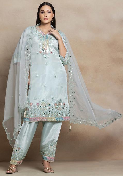 Powder Blue Embroidered Pant Set With Mirror Thread Embroidered Kurta And Dupatta