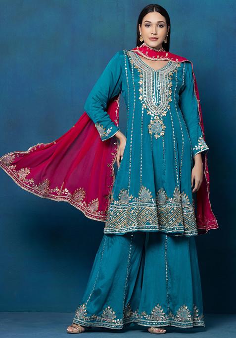 Turquoise Blue Sharara Set With Gota Patti Embellished Kurta And Dupatta
