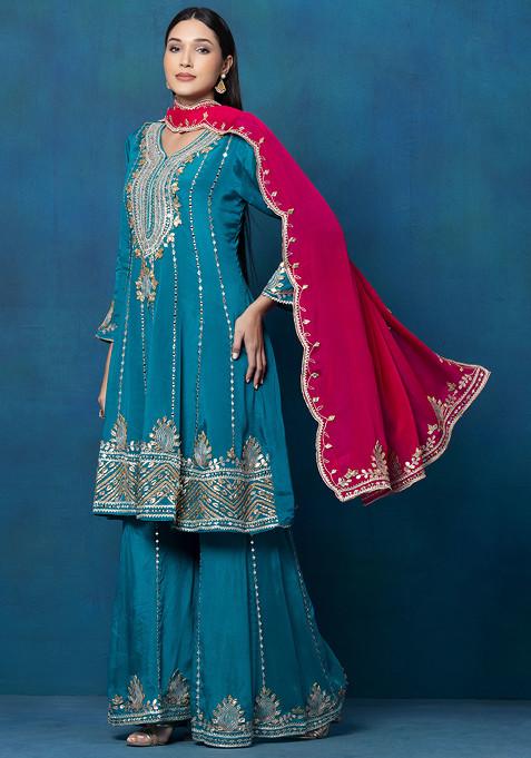 Women Poly Silk Blue Kurta Sharara set with Dupatta