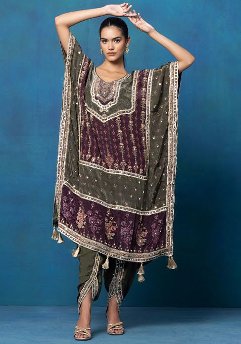 Forest Green Sequin Mirror Embroidered Printed Kaftan Kurta Set With Dhoti Pants