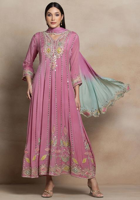 Pink Zari Mirror And Gota Patti Embroidered Anarkali With Dupatta