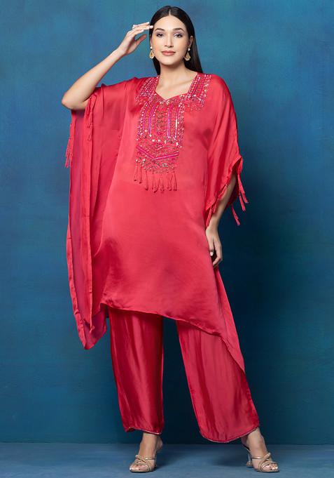 Red Sequin Bead Embroidered Kaftan Kurta Set With Embroidered Pants