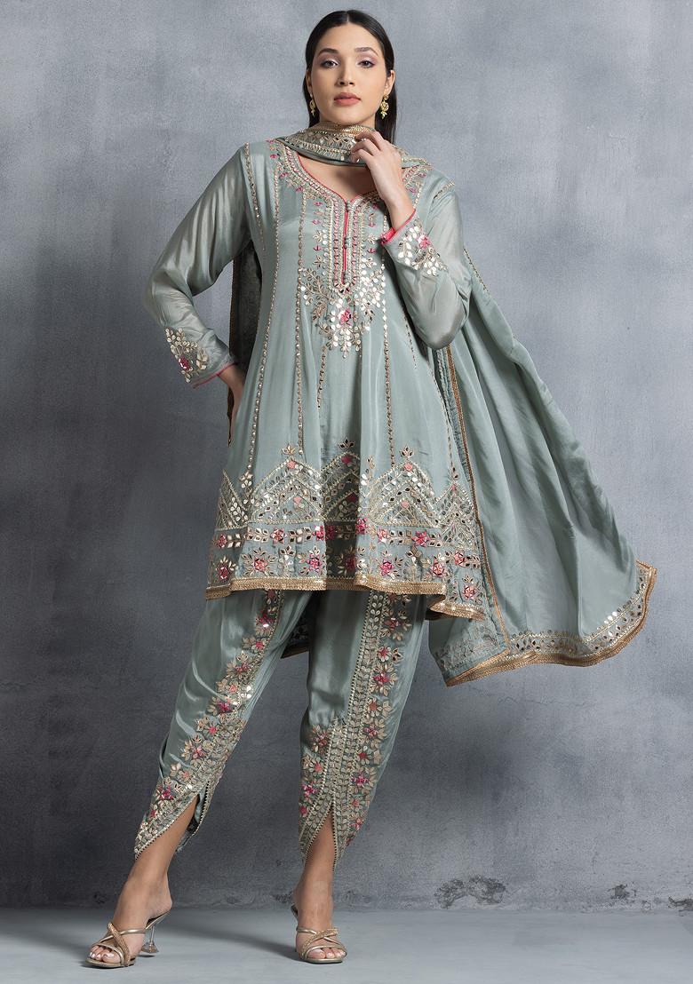 Floral Gota Patti Embroidered Kurta With Striped Pallazo and Dupatta