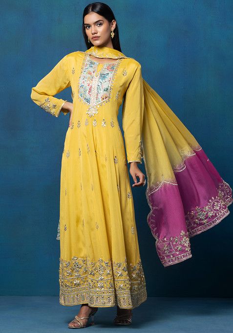 Yellow Mirror And Gota Patti Embroidered Anarkali With Embroidered Dupatta