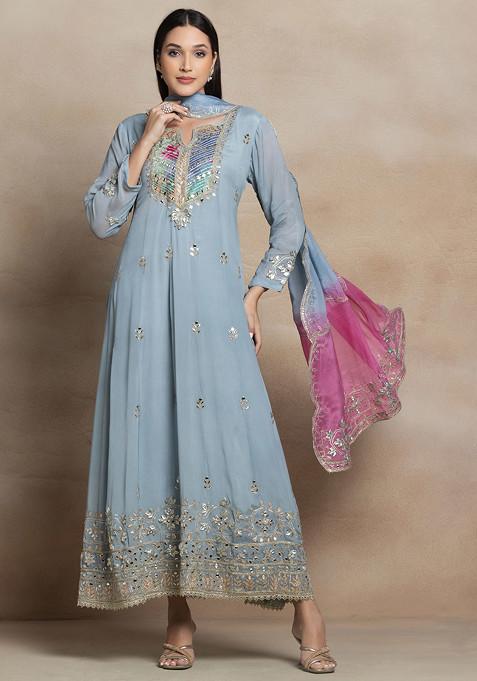Grey Mirror And Gota Patti Embroidered Anarkali With Embroidered Dupatta