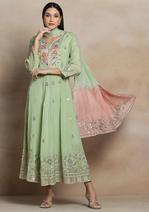 Green Mirror And Gota Patti Embroidered Anarkali With Embroidered Dupatta