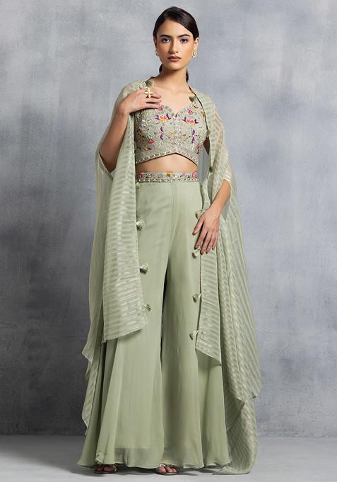 Pastel Green Sharara Set With Multicolour Zari Hand Embroidered Blouse And Jacket