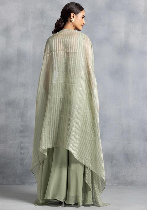 Green Embroidered Geometric Zari Tissue Straight Crop Top with Skirt and Jacket Set