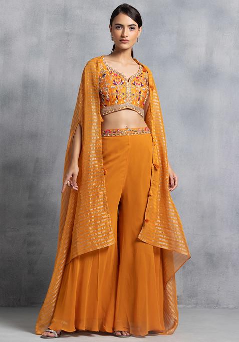 Orange Sharara Set With Multicolour Zari Hand Embroidered Blouse And Jacket
