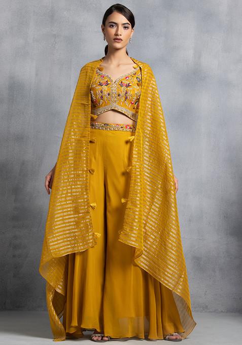 Mustard Sharara Set With Multicolour Zari Hand Embroidered Blouse And Jacket