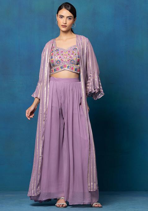 Mauve Sharara Set With Floral Zari Mirror Embroidered Blouse And Embellished Jacket