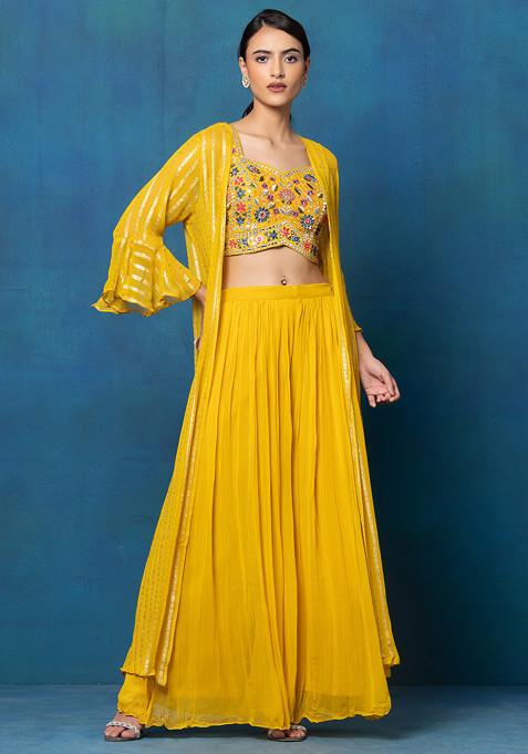 Yellow Sharara Set With Floral Zari Mirror Embroidered Blouse And Embellished Jacket