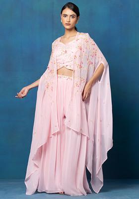 Peach Sharara Set With Floral Sequin Hand Embellished Blouse And Jacket