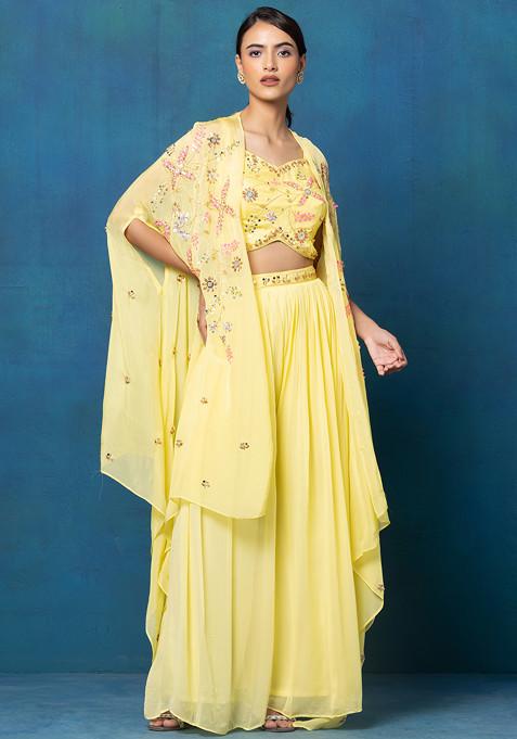 Yellow Sharara Set With Floral Sequin Hand Embellished Blouse And Jacket