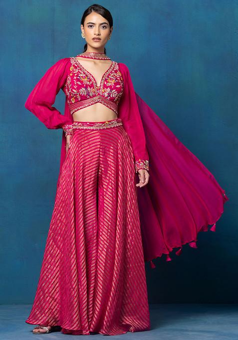 Rani Pink Striped Sharara Set With Floral Zari Embroidered Blouse And Dupatta