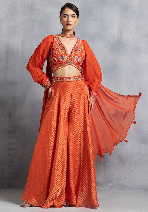 Orange Striped Sharara Set With Floral Zari Embroidered Blouse And Dupatta