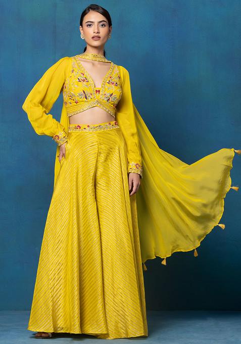 Yellow Striped Sharara Set With Floral Zari Embroidered Blouse And Dupatta