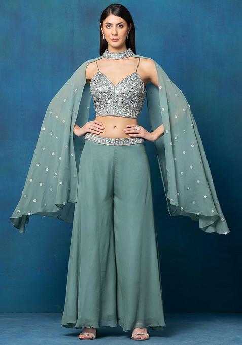 Green Sharara Set With Mirror Embellished Blouse And Embellished Cape