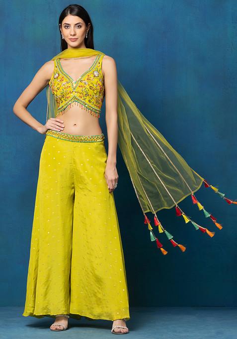 Yellow Sharara Set With Floral Sequin Hand Embroidered Blouse And Dupatta