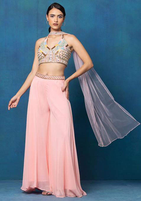 Pastel Pink Sharara Set With Mirror Hand Embellished Blouse And Dupatta