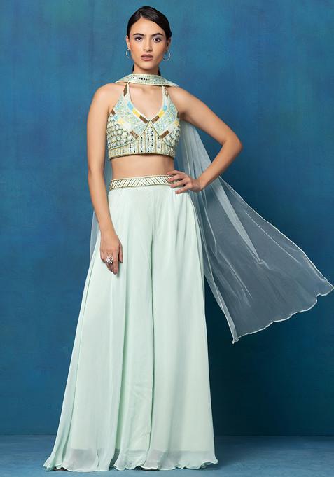 Pastel Green Sharara Set With Mirror Hand Embellished Blouse And Dupatta