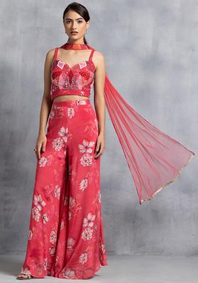 Red Floral Print Sharara Set With Sequin Bead Embellished Blouse And Dupatta
