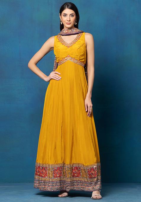 Yellow Sequin Cutdana Embellished Anarkali With Red Embellished Dupatta