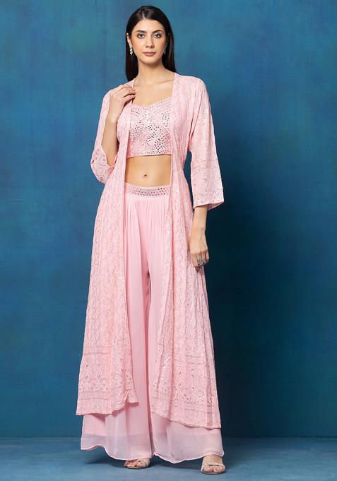 Pink Sharara Set With Mirror Embellished Blouse And Sequin Embellished Jacket