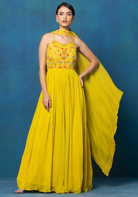 Yellow Floral Bead Hand Embroidered Anarkali With Dupatta