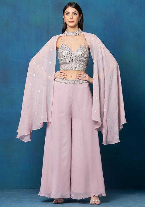 Peach Sharara Set With Mirror Embellished Blouse And Cape